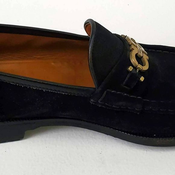 Salvatore Ferragamo Black Suede Loafers with Gold Gancini Hardware